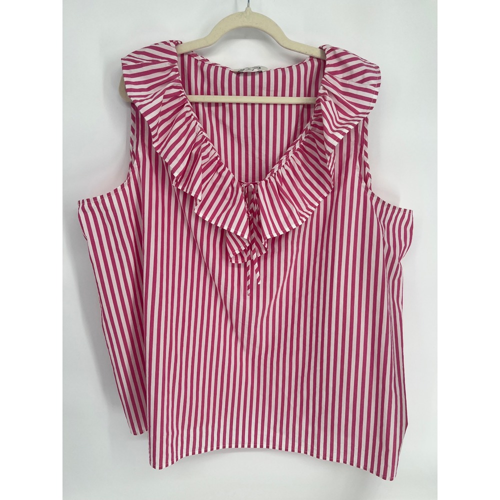 The‎ Pioneer Woman Pink White Striped Ruffle V-Neck Sleeveless Blouse Top 3X